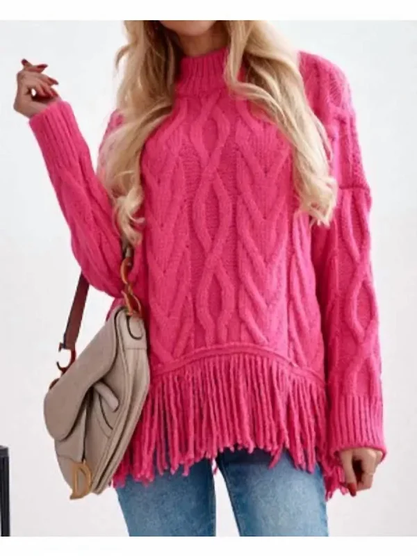 Mock - Neck Women Sweater for a Modern TwistMock - Neck Women Sweater for a Modern TwistFringe Cable Knit Sweater In Pink