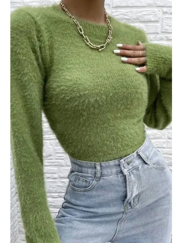 Mock - Neck Women Sweater for a Modern TwistMock - Neck Women Sweater for a Modern TwistFuzzy Open Back Sweater In Green