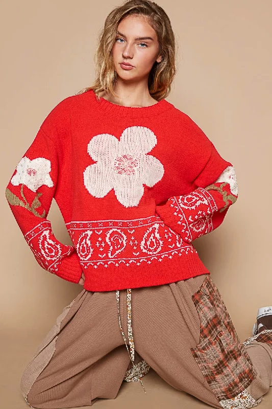 Striped Women Sweater with a Timeless PatternStriped Women Sweater with a Timeless PatternPOL Flower Lace Patch Long Sleeve Sweater