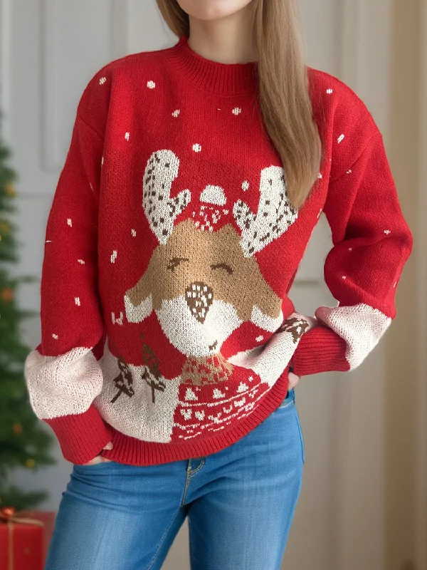 Hand - Knitted Women Sweater with Artisanal CharmHand - Knitted Women Sweater with Artisanal CharmReindeer Mock Neck Long Sleeve Sweater