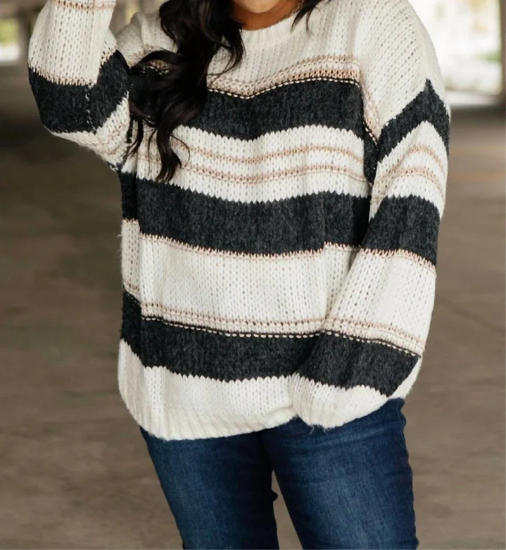 Long - Sleeve Women Sweater with Ribbed CuffsLong - Sleeve Women Sweater with Ribbed CuffsSraightforward Striped Sweater In Ivory And Black