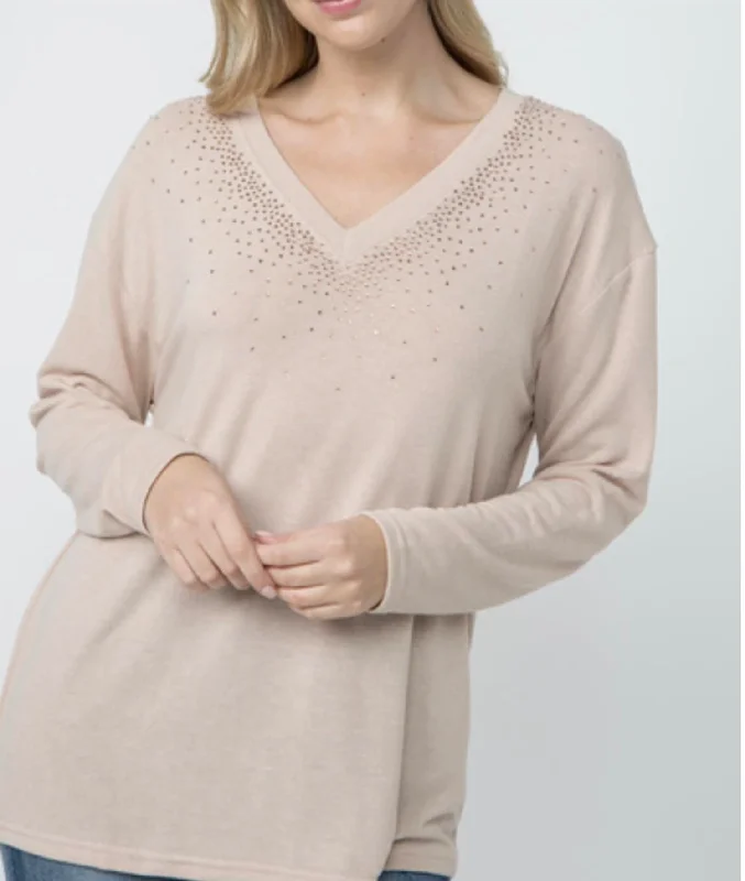 Cashmere Women Sweater with a Luxurious Soft TouchCashmere Women Sweater with a Luxurious Soft TouchVneck Long Sleeve Top With Stones On Neckline In Sand