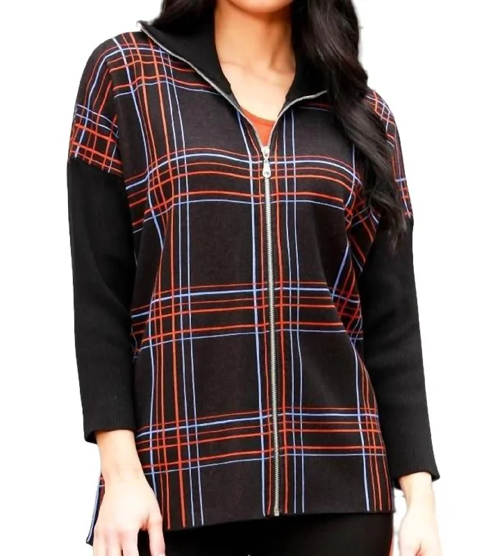 Plus - Size Women Sweater with a Flattering FitPlus - Size Women Sweater with a Flattering FitZip Plaid Poncho In Black/multi