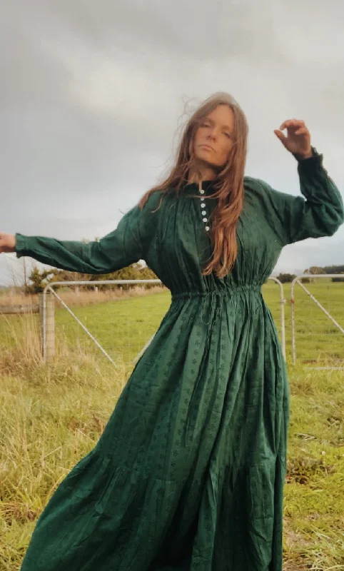 Ball Gown Women Dress with a Full Skirt for a Princess - like Look100% RECYCLED COTTON - PRAIRIE MAXI DRESS FOREST GREEN LACE