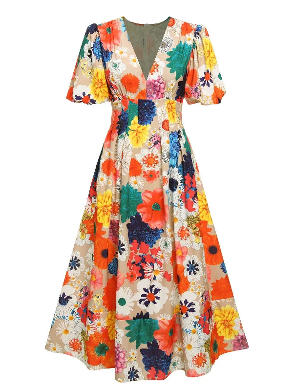 Ruffled Women Dress with Multiple Layers for a Playful and Girly Style1940s Floral V-Neck Lantern Sleeve Dress