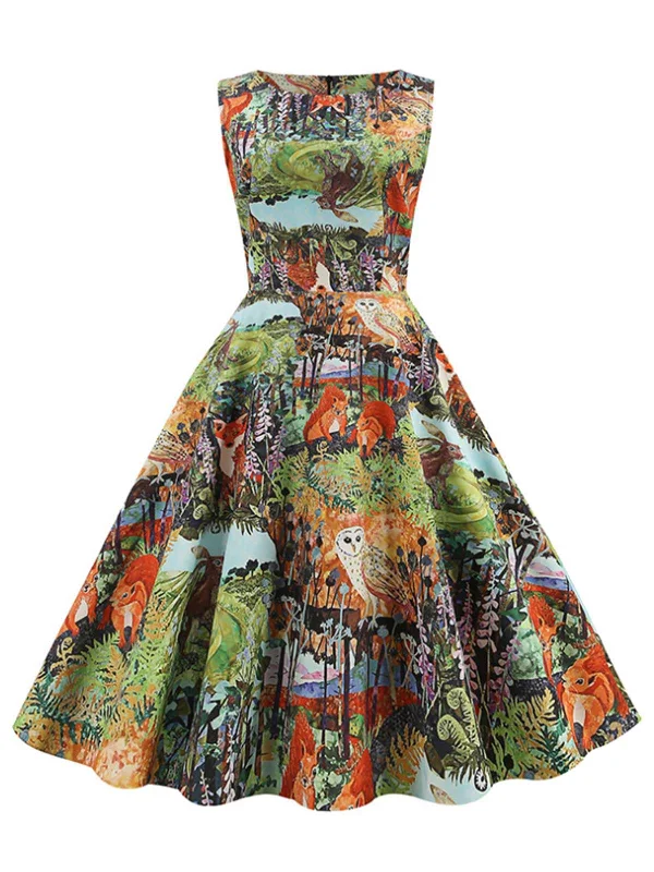 Maxi Women Dress with Floral Print for a Bohemian Vibe1950s Forest Animal Allover Printed Dress