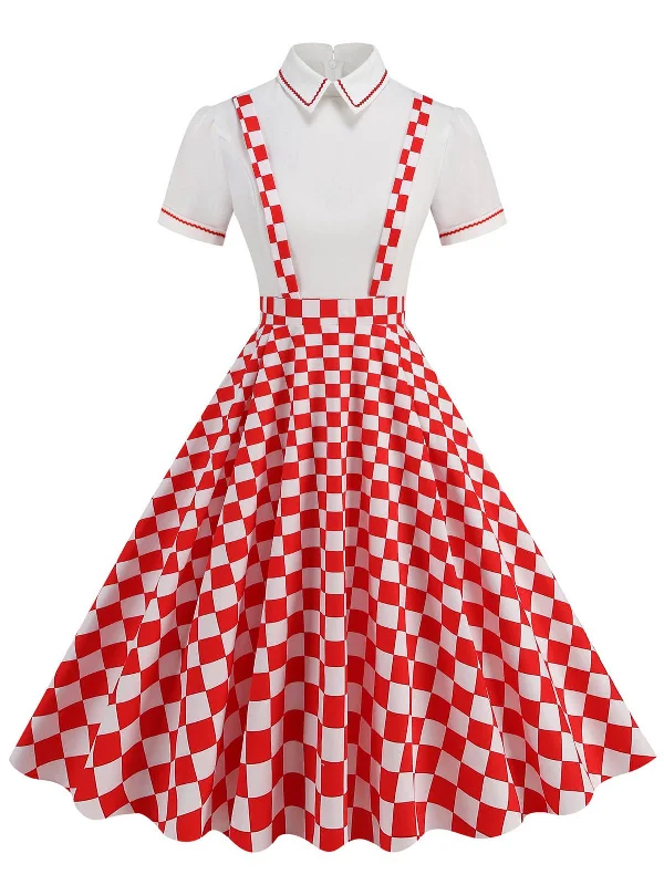 Off - the - Shoulder Women Dress for a Romantic and Feminine Look1950s Patchwork Lapel Collar Suspender Dress