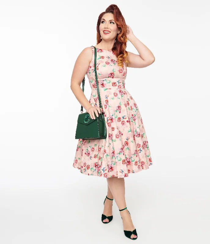 Off - the - Shoulder Women Dress for a Romantic and Feminine Look1950s Pink Floral Leah Swing Dress