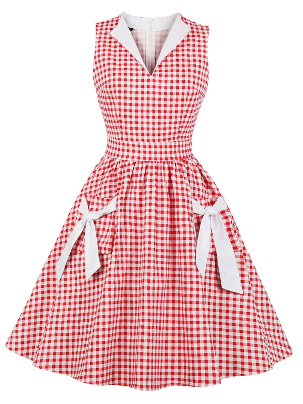 Plus Size Women Dress with a Flattering A - Line Cut for Comfort and Style1950s Plaid Bow Pockets Lapel Dress