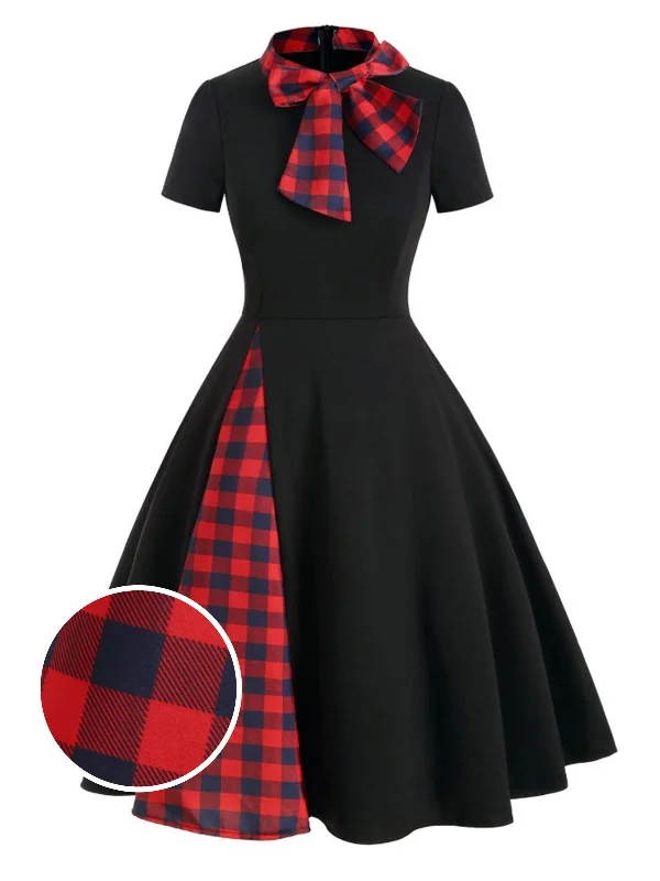 Sleeveless Women Dress in Bright Colors for Summer Parties1950s Plaid Patchwork Bow Swing Dress