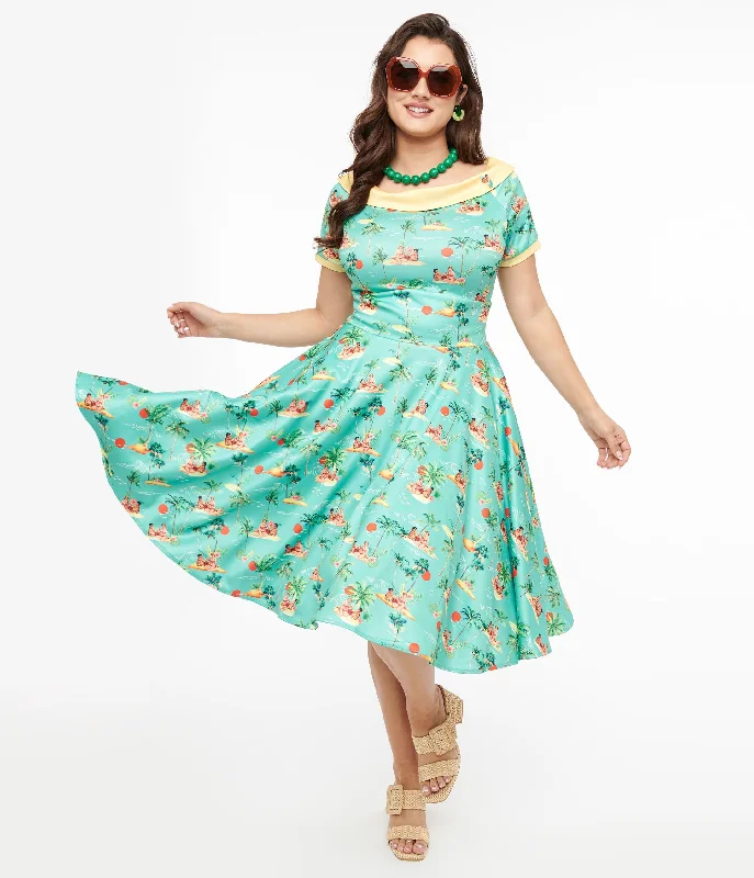 Plus Size Women Dress with a Flattering A - Line Cut for Comfort and StyleDolly & Dotty 1950s Sea Blue Island Pinup Couple Print Darlene Swing Dress