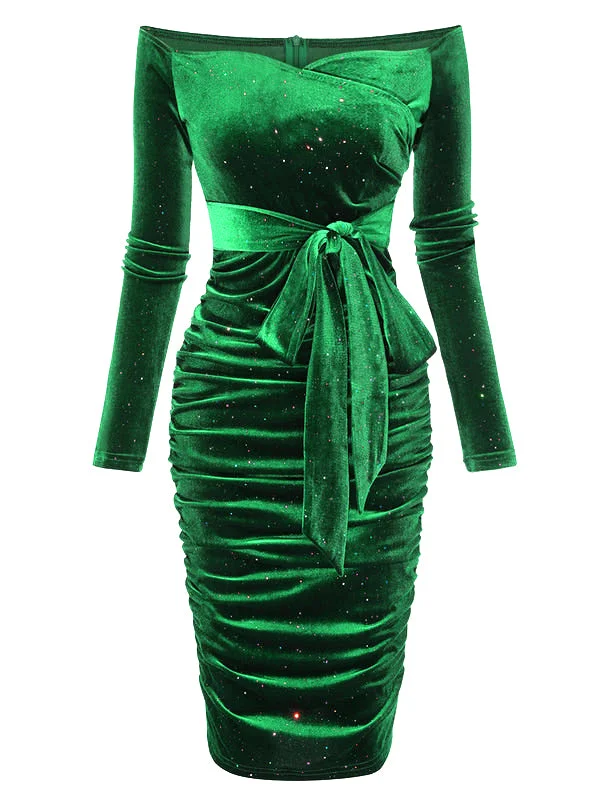 Strapless Women Dress with a Built - in Bra for Comfort and Support1960s Solid Off-Shoulder Velvet Dress