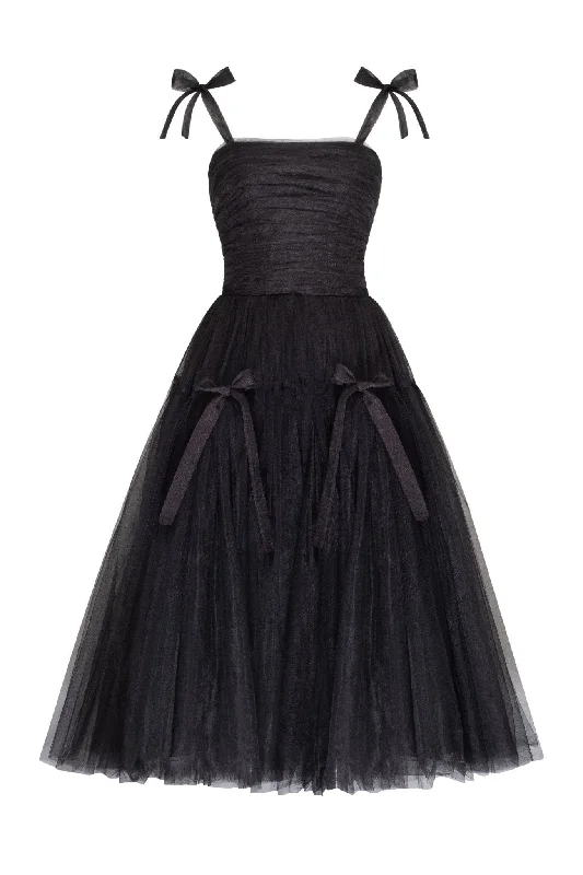 Lace - Embellished Women Dress for an Elegant and Sophisticated AppearanceAdorable midi tie-strap black tulle dress