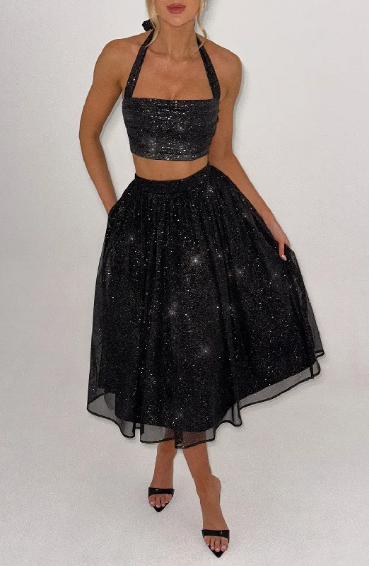 Empire Waist Women Dress to Accentuate the Bust and Conceal the WaistAlani Midi Skirt - Black Sparkle