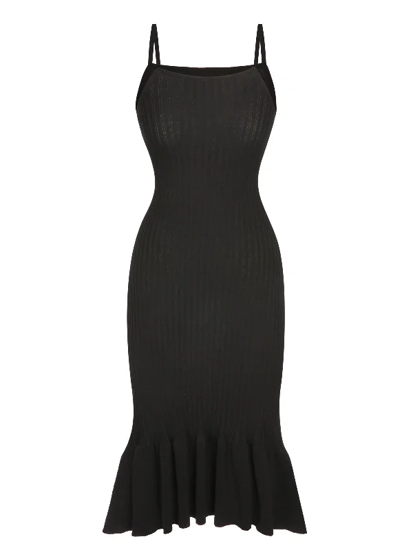 Ruffled Women Dress with Multiple Layers for a Playful and Girly StyleBlack 1930s Spaghetti Strap Knitted Fishtail Dress