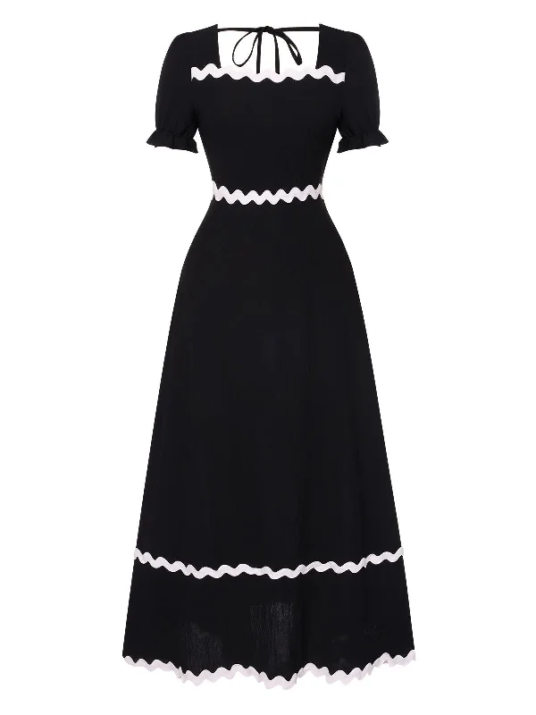 Wrap - Style Women Dress with Adjustable Fit for All Body TypesBlack 1930s Square Neck Lace-Up Puff Sleeve Dress