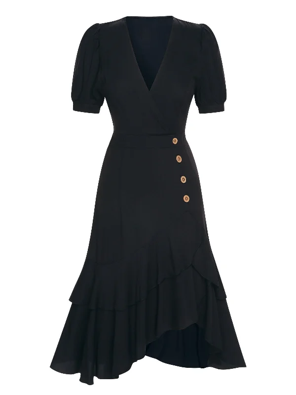 Ruffled Women Dress with Multiple Layers for a Playful and Girly StyleBlack 1940s V-Neck Irregular Hem Button Dress