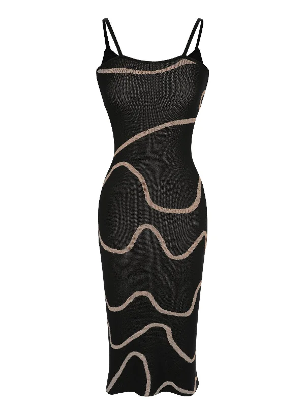 Mermaid - Style Women Dress with a Fitted Silhouette for Special OccasionsBlack 1960s Knit Spaghetti Straps Bodycon Dress