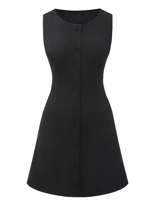 Strapless Women Dress with a Built - in Bra for Comfort and SupportBlack 1960s Solid Button Sleeveless Bodycon Dress