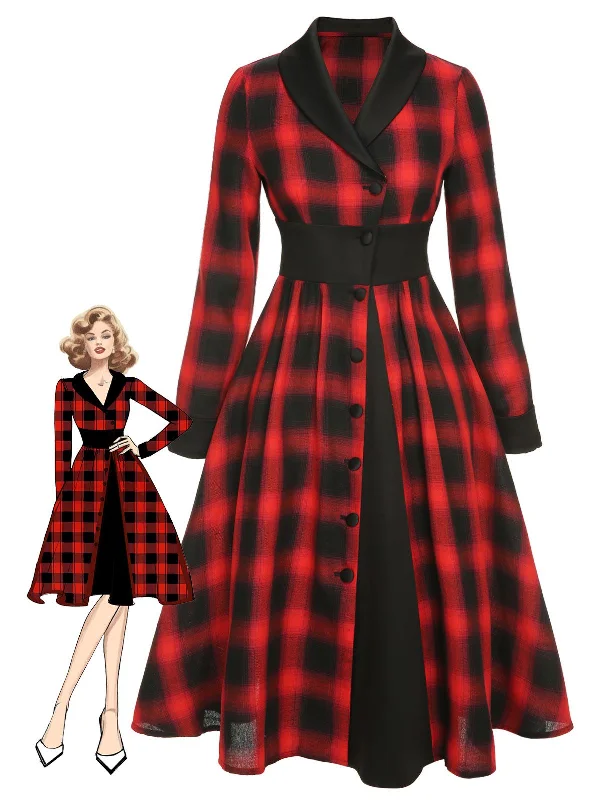 Plus Size Women Dress with a Flattering A - Line Cut for Comfort and StyleBlack&Red 1950s Gingham Plaid Button Lapel Dress