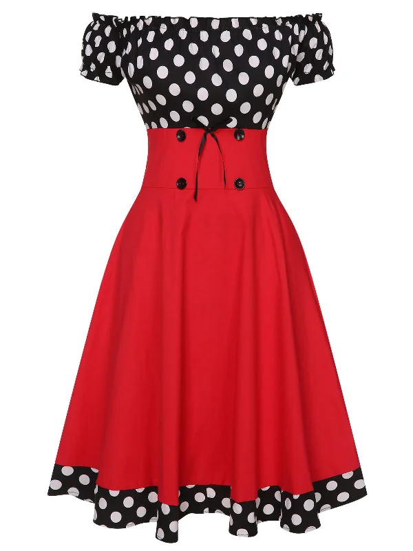 Strapless Women Dress with a Built - in Bra for Comfort and SupportBlack & Red 1950s Polka Dots Off Shoulder Dress