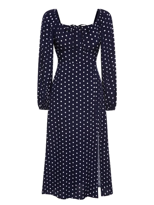 Lace - Embellished Women Dress for an Elegant and Sophisticated AppearanceBlue 1940s Lantern Sleeve Polka Dots Dress