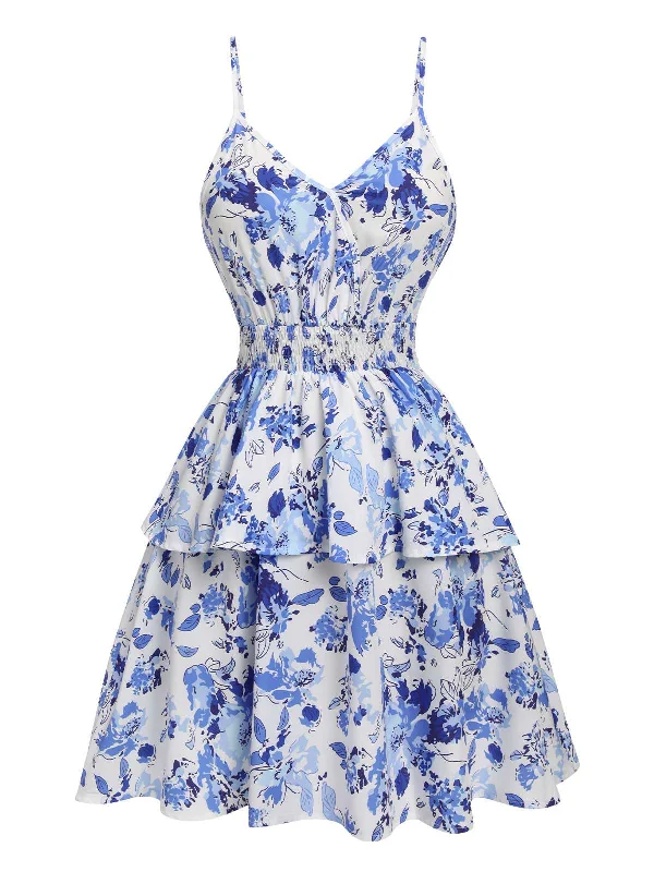 Ball Gown Women Dress with a Full Skirt for a Princess - like LookBlue 1950s Spaghetti Straps Flowers Dress