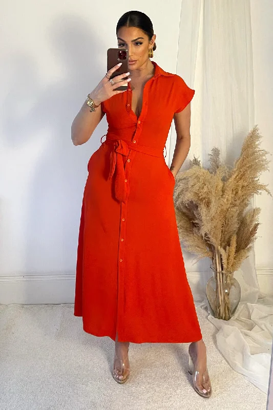 Plus Size Women Dress with a Flattering A - Line Cut for Comfort and StyleBurnt Orange Tie Waist Button Up Midi Dress