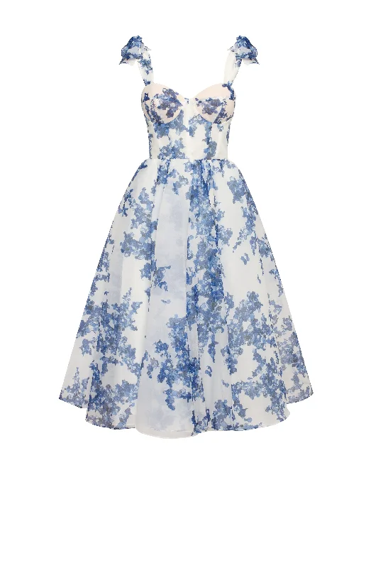 Plus Size Women Dress with a Flattering A - Line Cut for Comfort and StyleCharming blue hydrangea-patterned organza midi dress, Garden of Eden