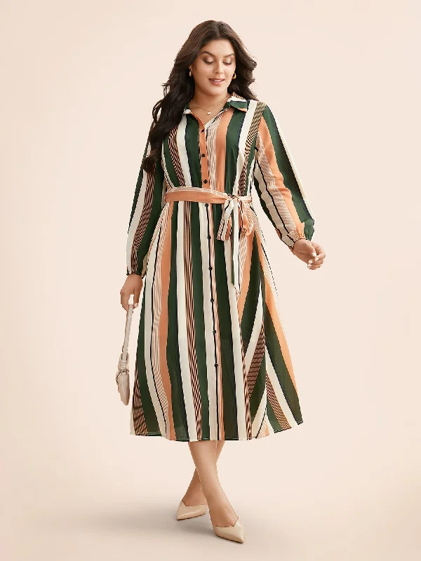 Off - the - Shoulder Women Dress for a Romantic and Feminine LookContrast Striped Belted Midi Dress