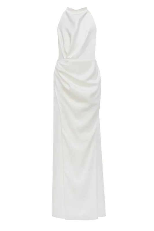 Pleated Women Dress with a Timeless and Elegant TextureWhite Mock neck sleeveless low slit dress