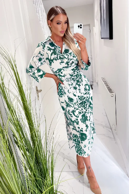 Mini Women Dress with a Short Hem for a Young and Trendy StyleCream And Green Printed Button Up Top Midi Dress