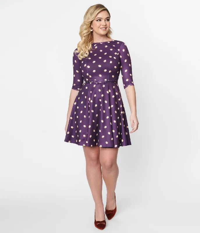 Long - Sleeve Women Dress in Velvet for a Luxurious Winter LookUnique Vintage Purple Owls Fit & Flare Dress