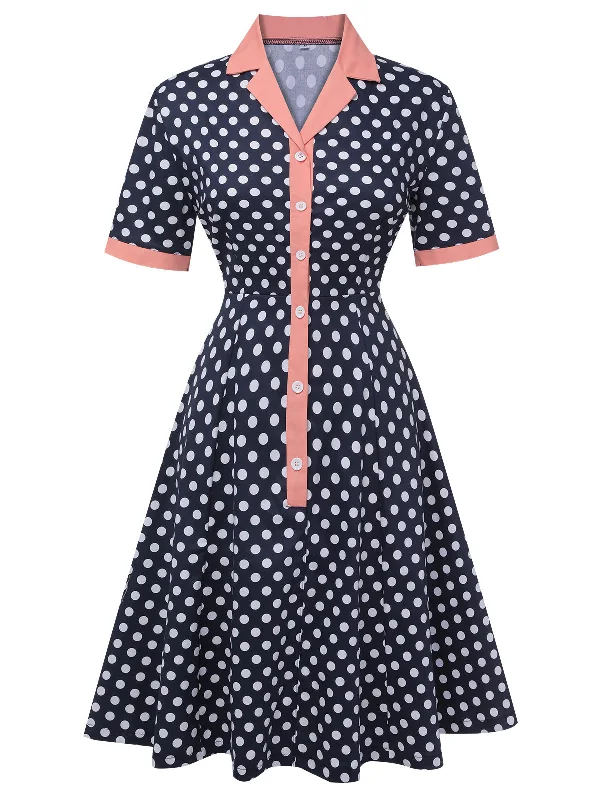 Ball Gown Women Dress with a Full Skirt for a Princess - like LookDark Blue 1950s Polka Dot Lapel Dress