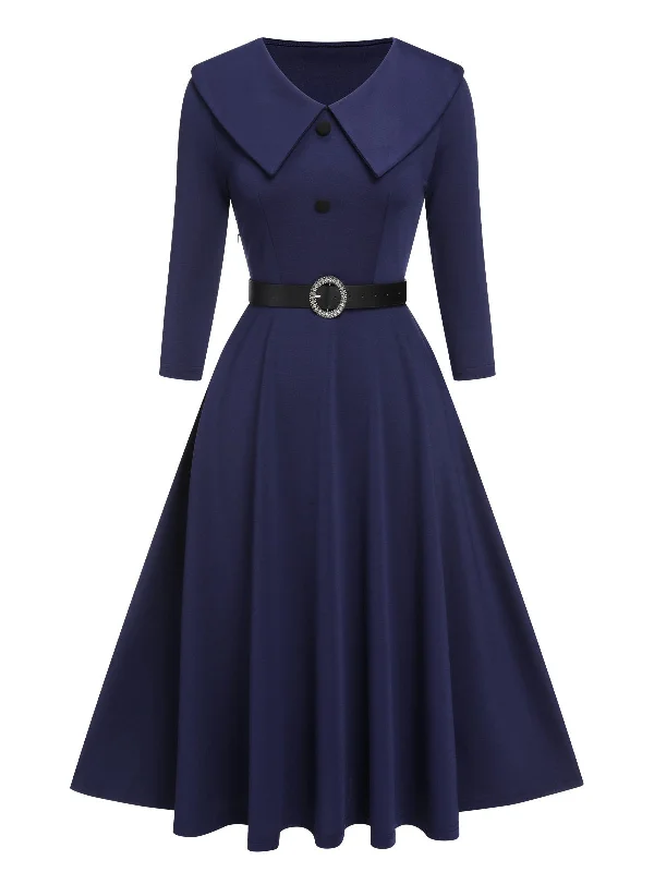 Off - the - Shoulder Women Dress for a Romantic and Feminine LookDark Blue 1950s Solid Lapel Dress with Belt