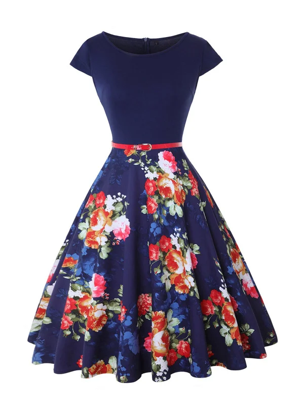 Pleated Women Dress with a Timeless and Elegant TextureDeep Blue 1950s Floral Patchwork Swing Dress