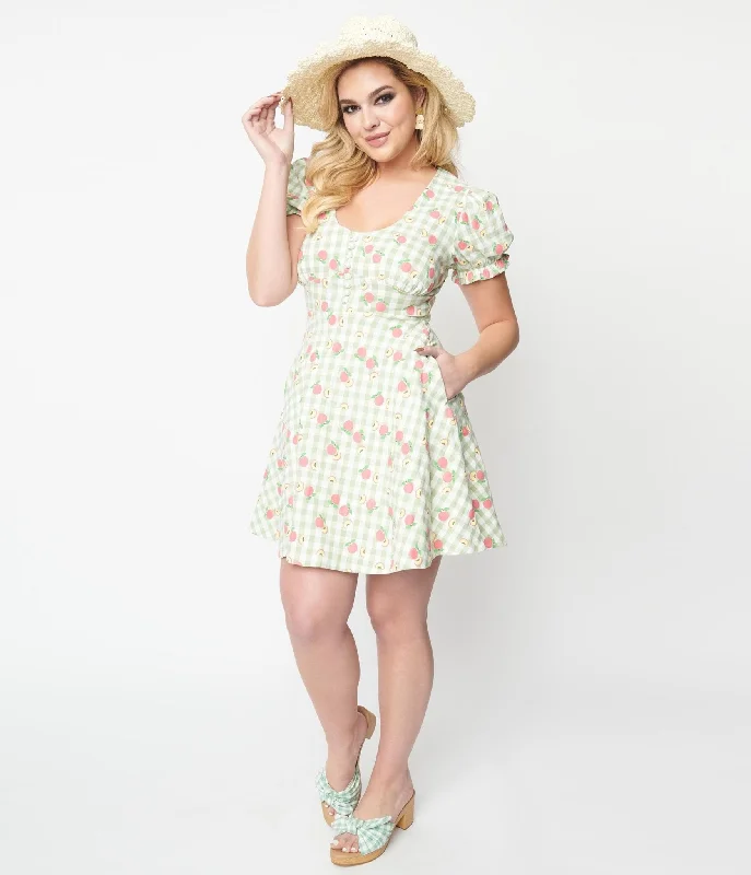 Off - the - Shoulder Women Dress for a Romantic and Feminine LookUnique Vintage 1940s Light Green Gingham & Peaches Flare Dress