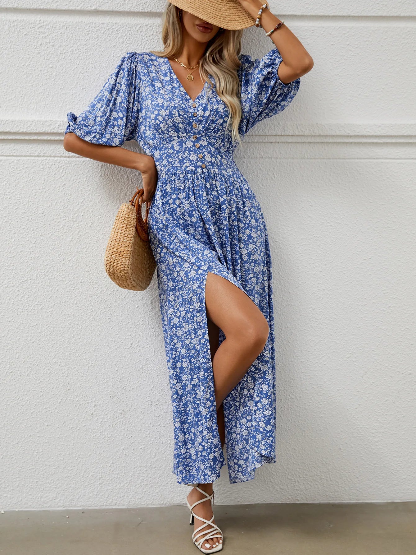 Ball Gown Women Dress with a Full Skirt for a Princess - like LookFashionSierra-Beach  Half Puff Sleeve  Maxi  Women  Robe  Vintage  Rayon Cotton  Floral Print  Long  Summer  Ladies Boho Dress