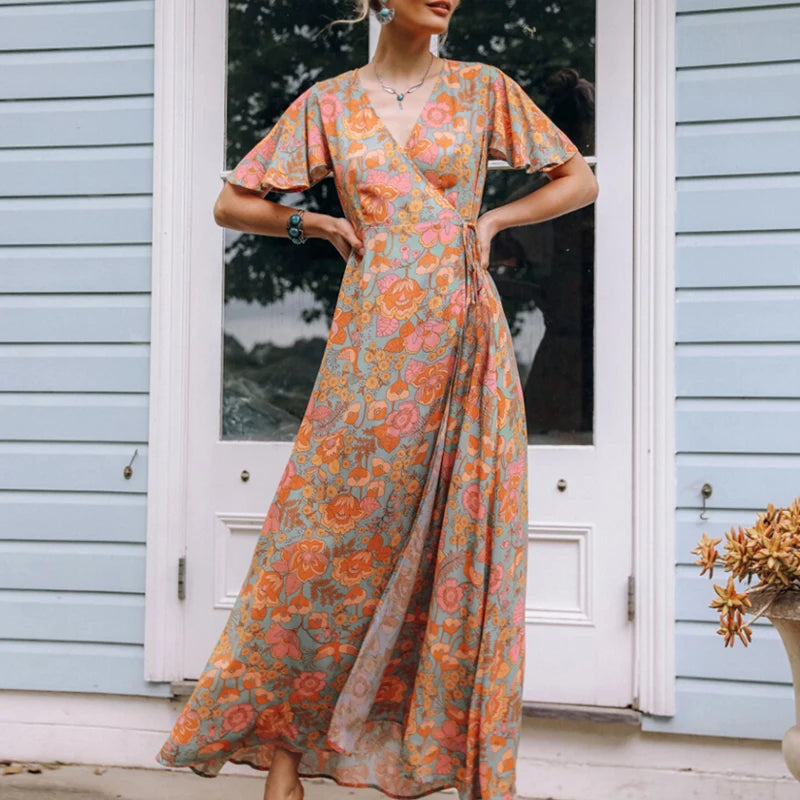 Printed Abstract Women Dress for a Modern and Artistic AppealFashionSierra-Cotton  Orange Floral Print  Maxi Wrap  Women  2024  Vintage  Deep V Neck  Long  Summer  Vestidos  Beach  Robe Boho Dress