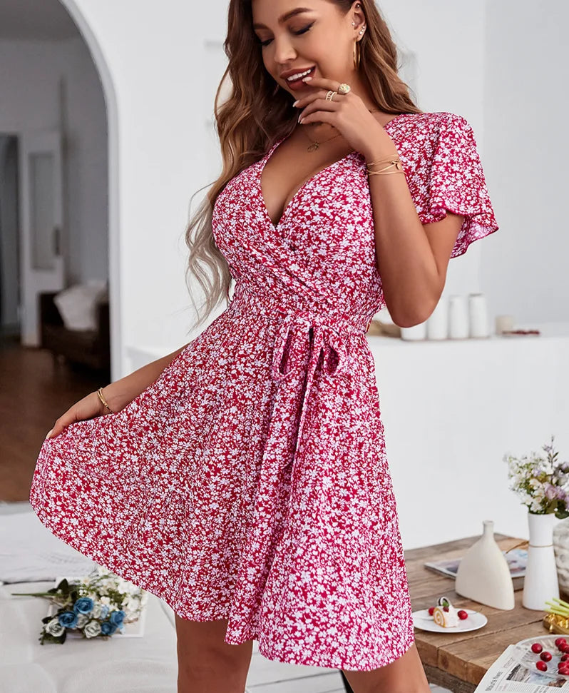 Little Black Women Dress with Sequins for a Glamorous Night OutFashionSierra-Deep V Neck  Short Sleeve  Women  Robe  Casual  Rayon  Floral Print  Mini  Summer  Beach Wear  Ladies Boho Dress