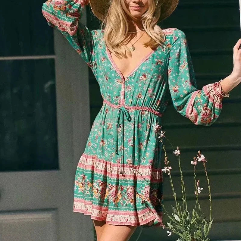 Strapless Women Dress with a Built - in Bra for Comfort and SupportFashionSierra-Lantern Long Sleeve  Mini  Women  Vintage  Rayon  Green Floral Print  Adjust Waist  V-neck  Autumn  2024  Robe Boho Dress