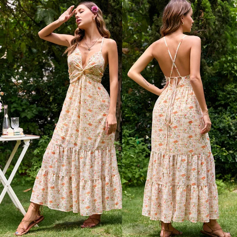 Mermaid - Style Women Dress with a Fitted Silhouette for Special OccasionsFashionSierra-Sexy  Deep V Neck  Backless  Sleeveless  Long Strap  Women  Robe  Vintage  Floral Print  Summer  Beach  Vestidos Boho Dress