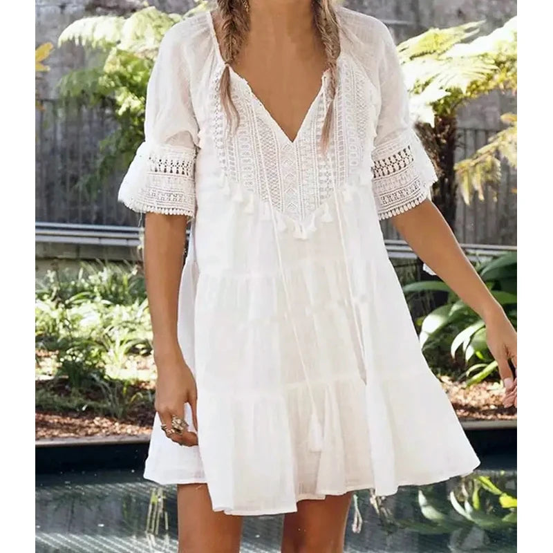 Mini Women Dress with a Short Hem for a Young and Trendy StyleFashionSierra-White  Short Sleeve  Lace  Women  Robe  Casual  Lace Up  Tassel  O-neck  Mini  Summer  Beach Wear  Vestidos Boho Dress