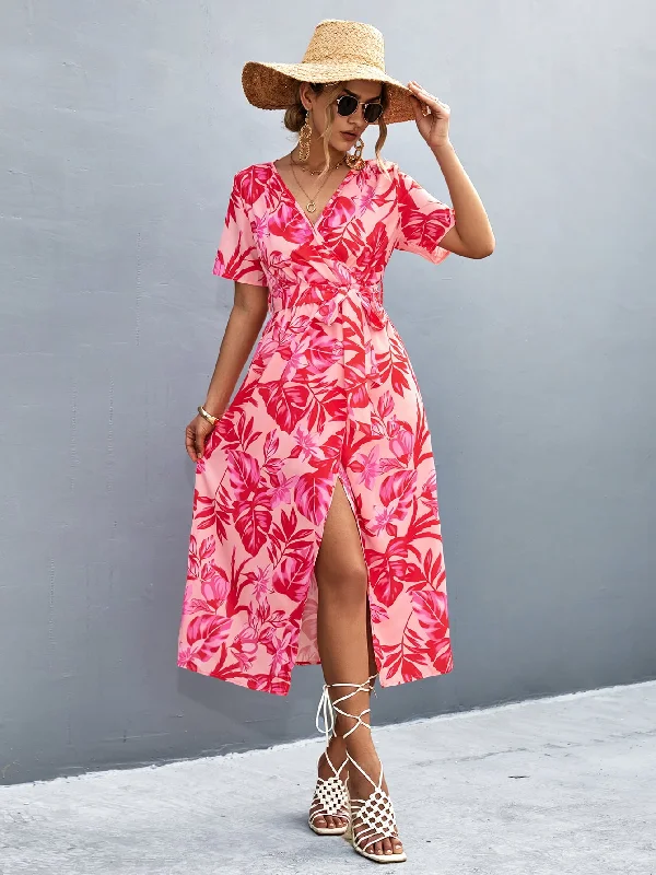 Sheath Women Dress with a Tailored Fit for a Professional LookFloral Print High Slit Surplice Neck Tie Waist Midi Dress