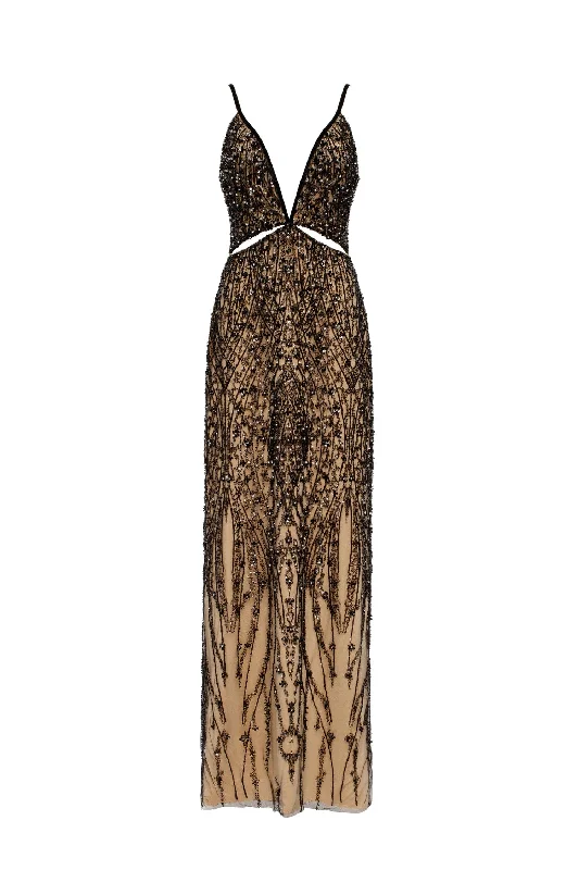 Long - Sleeve Women Dress in Velvet for a Luxurious Winter LookGala-worthy beige maxi dress covered in black sequined ornament, Smoky Quartz