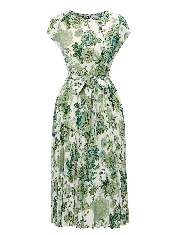 Halter Neck Women Dress to Show Off the Shoulders and NecklineGreen 1940s Floral Tie Belt Dress