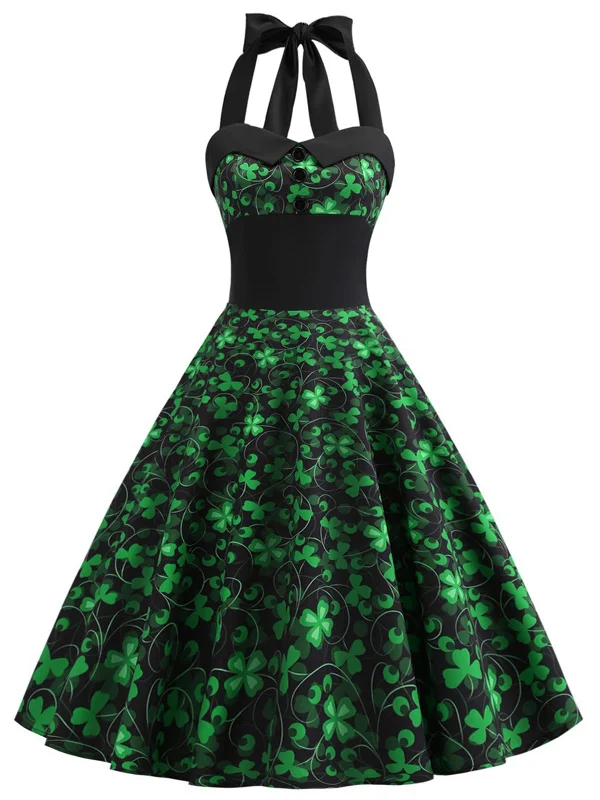 Plus Size Women Dress with a Flattering A - Line Cut for Comfort and StyleGreen 1950s Lucky Clover Halter Patchwork Dress