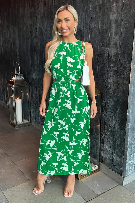 Sleeveless Women Dress in Bright Colors for Summer PartiesGreen And White Floral Printed Cut Out Midi Dress