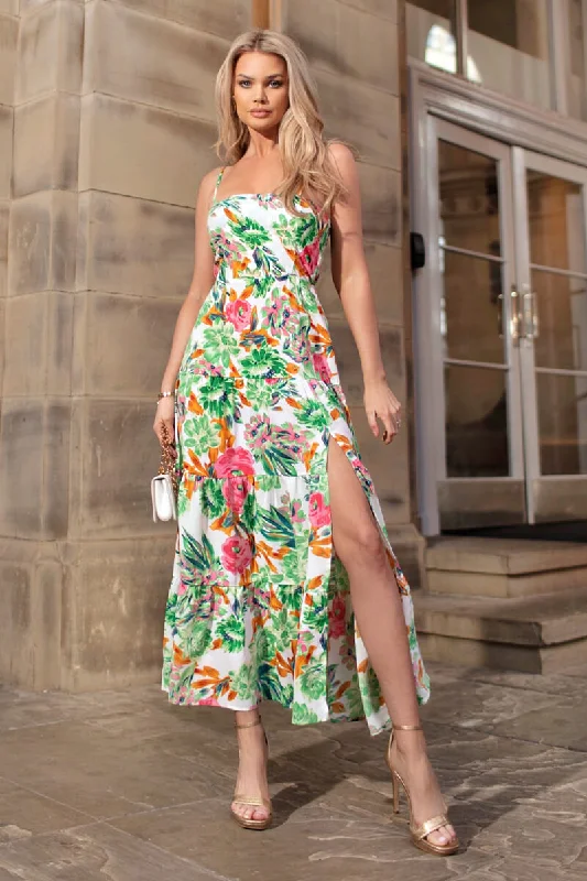 Maxi Women Dress with Floral Print for a Bohemian VibeGreen Floral Print Strappy Smock Midi Dress