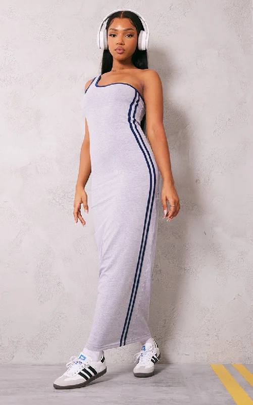 Mini Women Dress with a Short Hem for a Young and Trendy StyleGrey Contrast Stripe One Shoulder Midaxi Dress